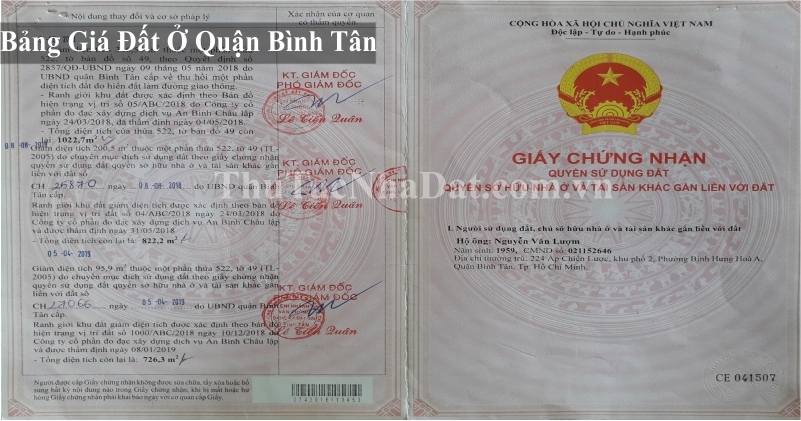 Bảng Giá Đất Ở Quận Bình Tân Giai Đoạn Từ 2015 Đến 2019